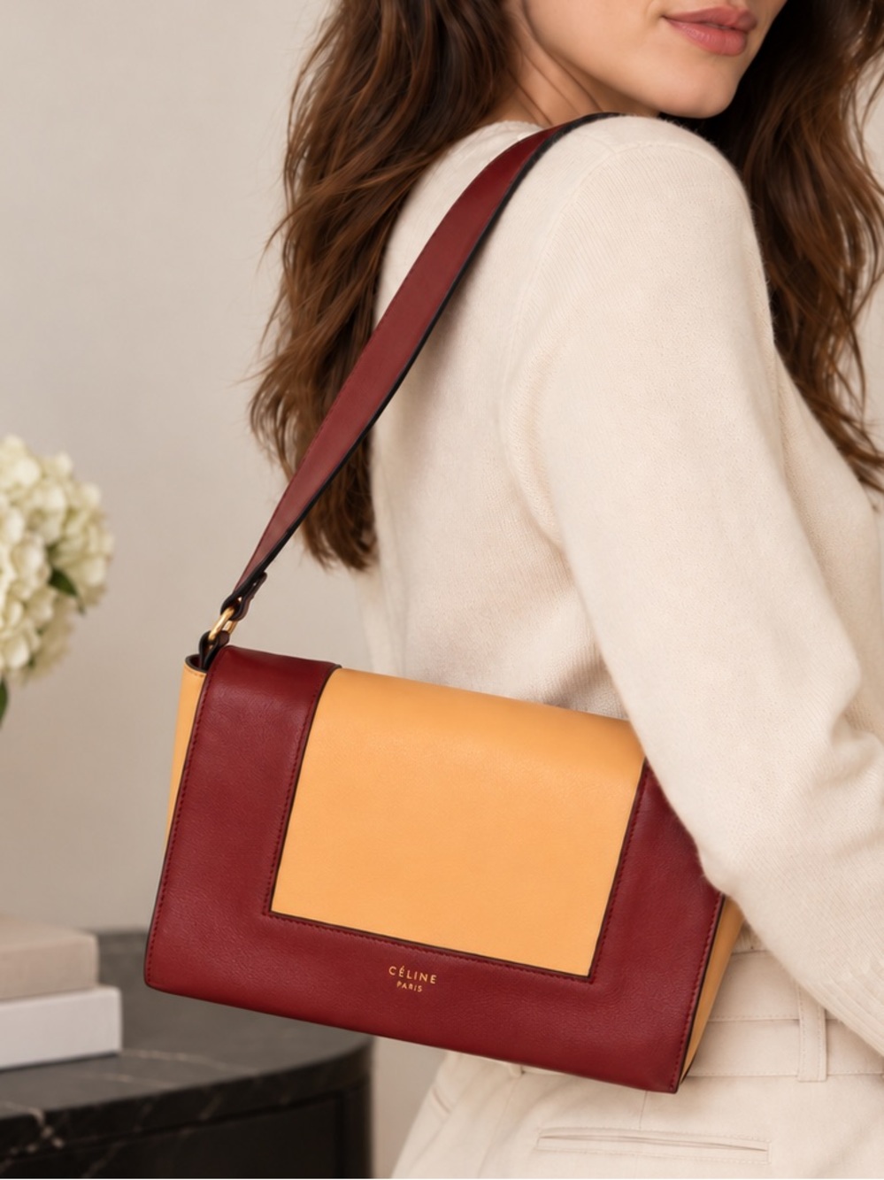 Authentic Céline Medium Frame Shoulder Bag Burgundy Tan Leather + COA